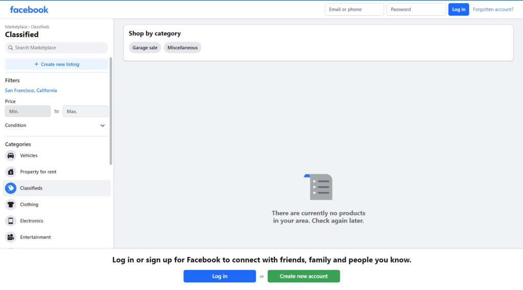facebook classifieds landing page screenshot