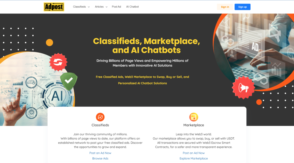 adpost landing page screenshot