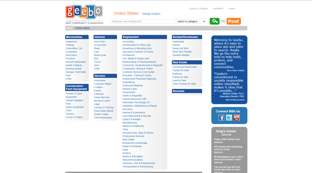 geebo landing page screenshot