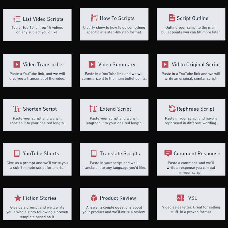 All Templates for Script Writing Tool in Tube Magic